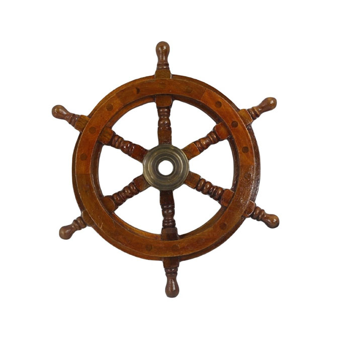 Nautical Ship Wheel In Wood Brass Antique Small